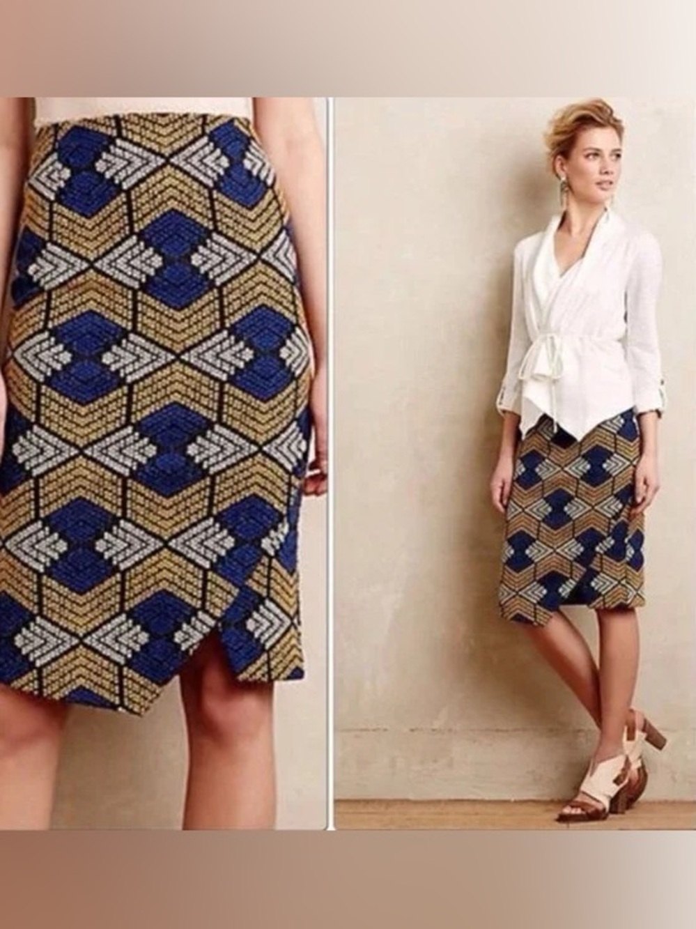 Maeve Antrhopologie Kanara knit Blue Yellow Pencil Skirt 2 Geometric print